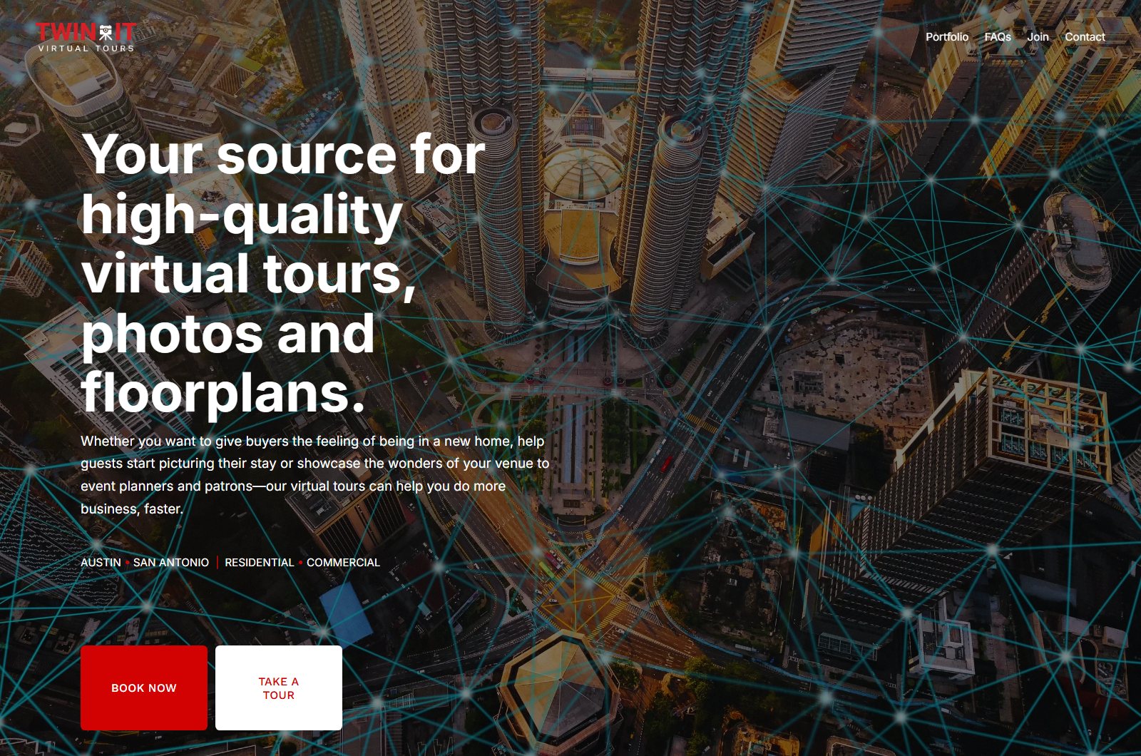 The TWIN IT Virtual Tours website, an example of a website built by the team, with a full-screen aerial hero and a Book Now button